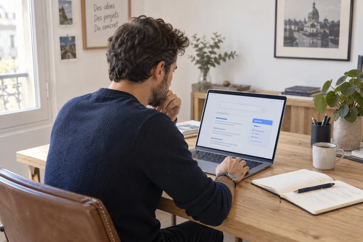 Entrepreneur préparant une campagne de recherche sur son ordinateur portable