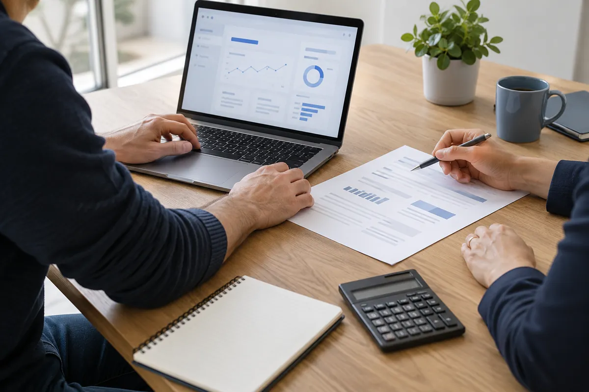 Deux professionnels examinant un tableau de bord et un document avec une calculatrice