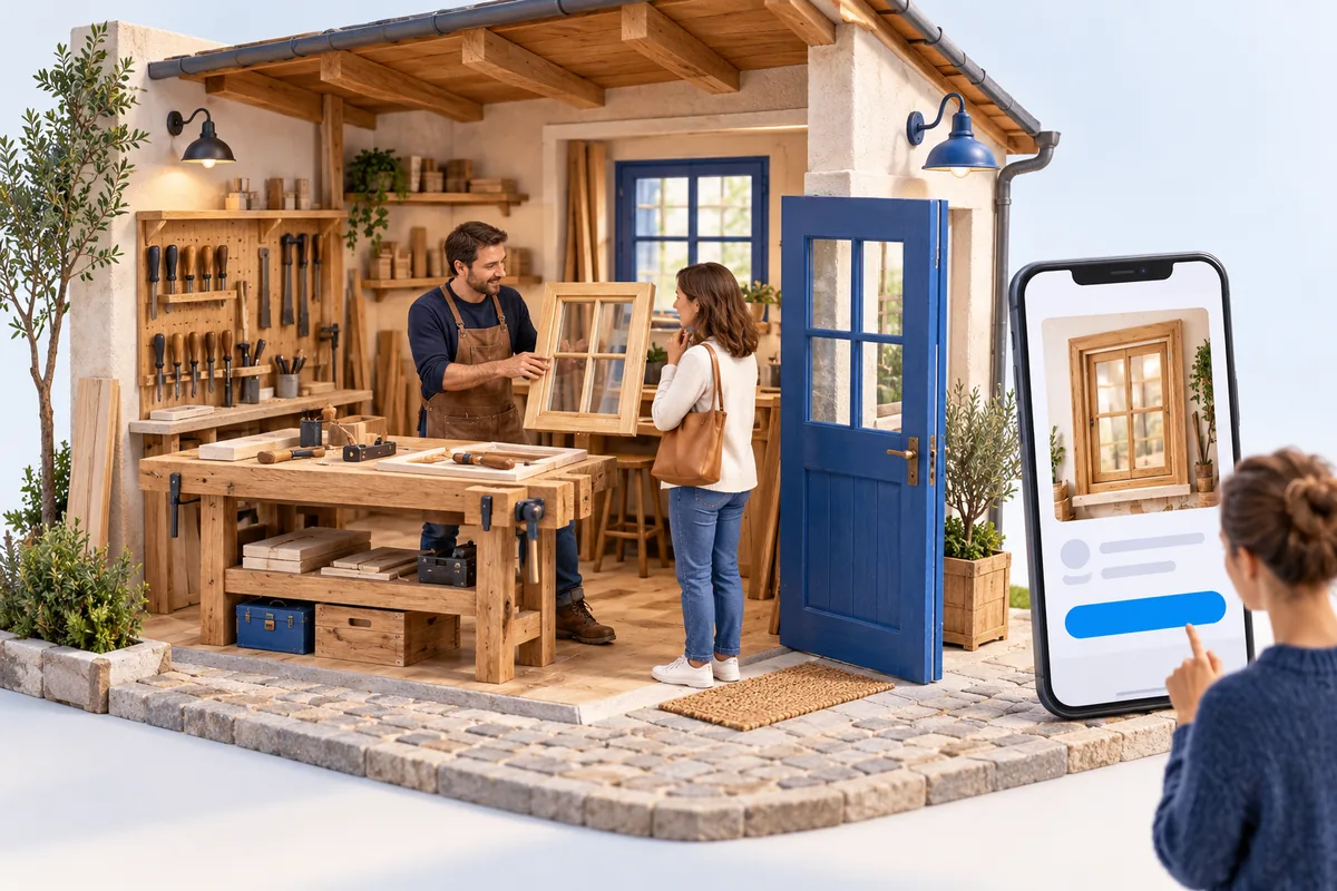 Illustration d’un artisan présentant une fenêtre dans son atelier, à côté d’une annonce sur smartphone.