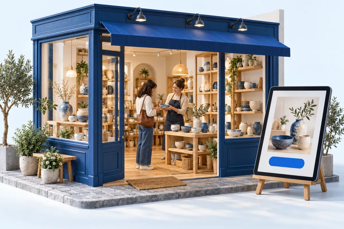 Illustration d’une boutique de céramiques accueillant une cliente, avec une sélection de pièces présentée sur tablette.
