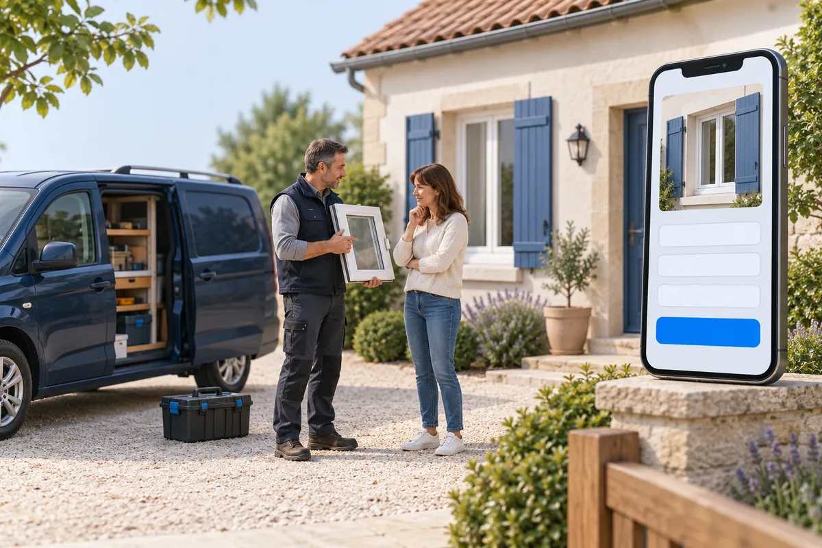 Illustration d’un artisan présentant une fenêtre à une cliente devant sa maison, près d’un smartphone avec formulaire de contact.