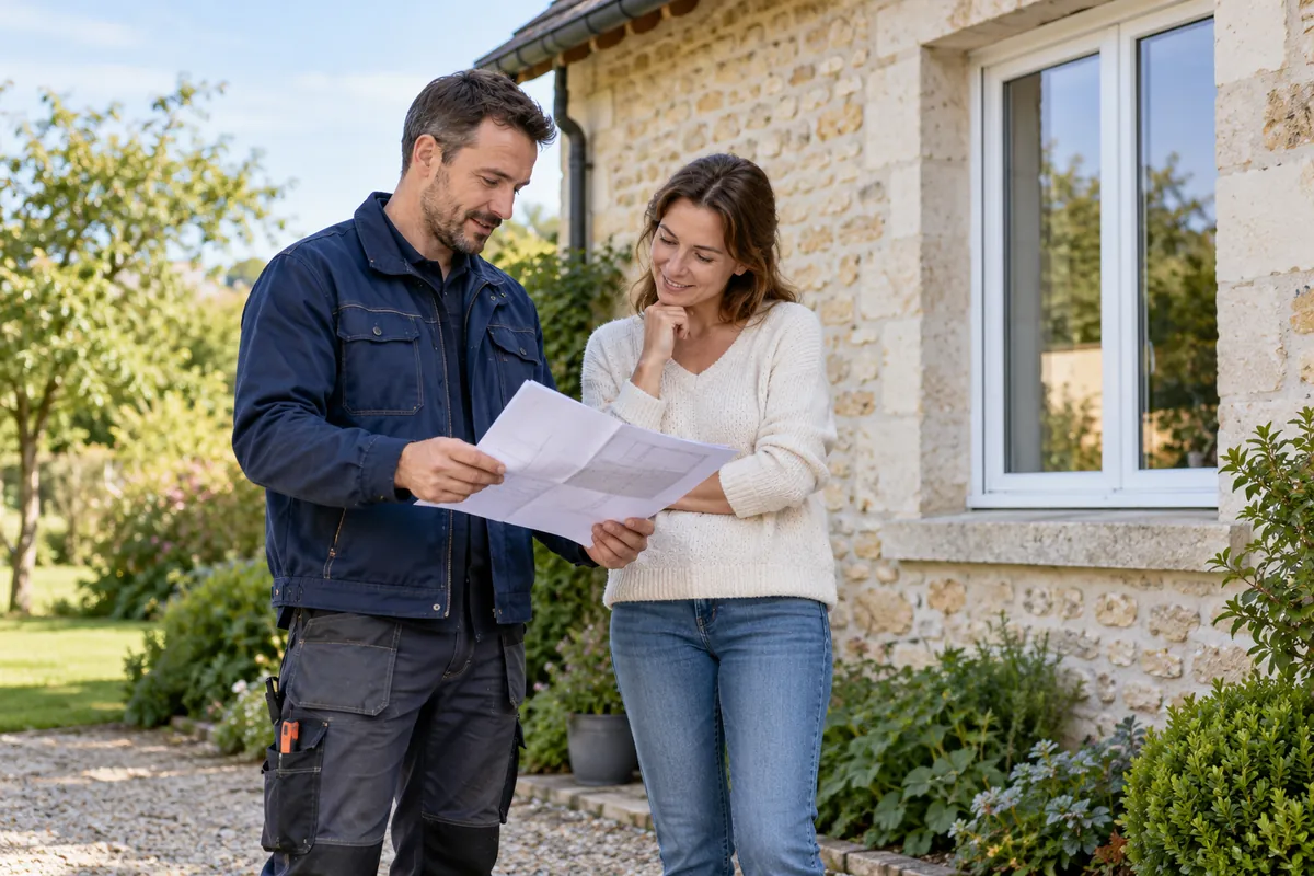 Artisan et propriétaire échangeant autour d’un plan devant une maison