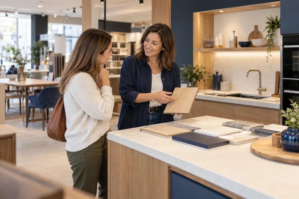 Commerçante présentant un échantillon de bois à une cliente dans un showroom