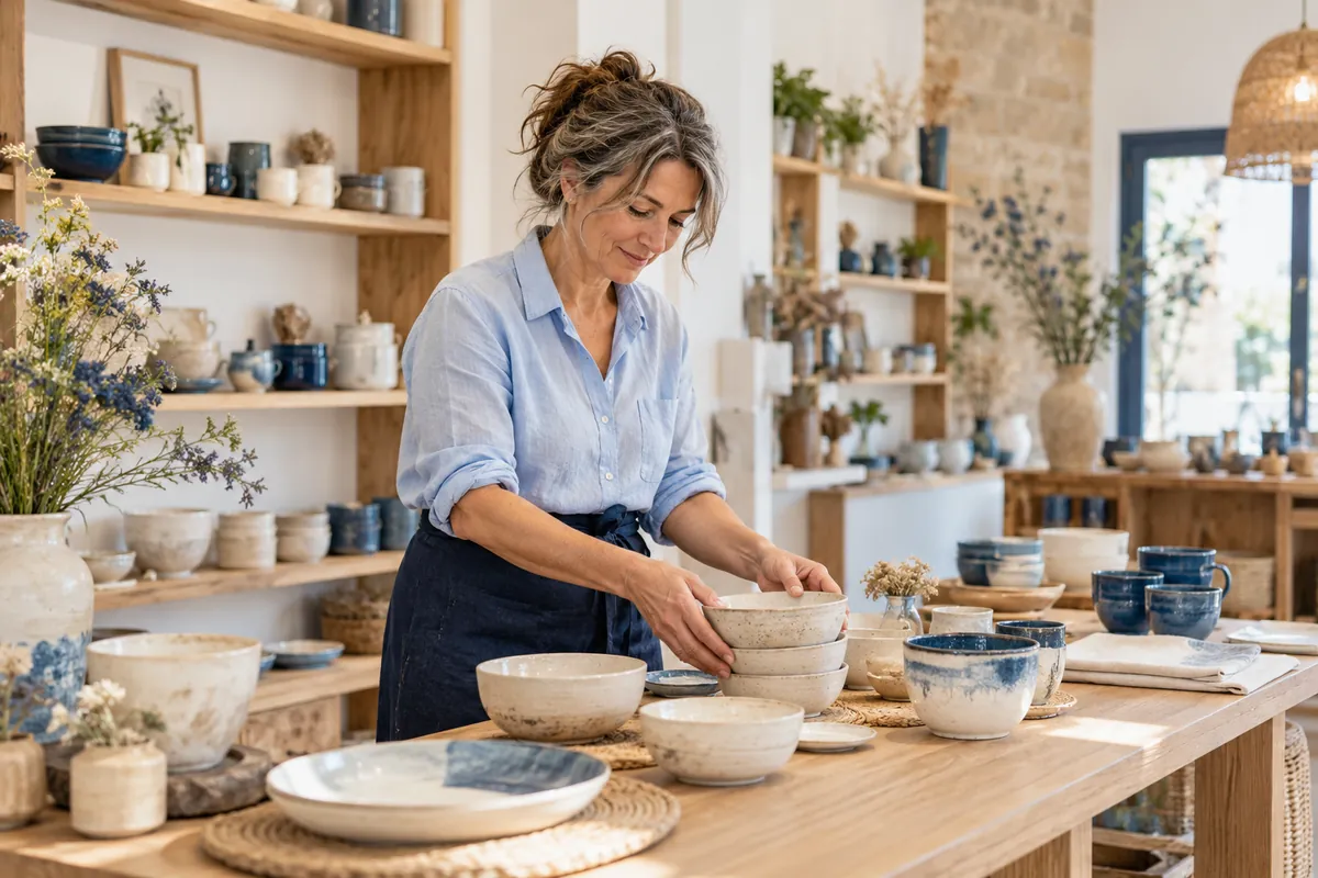 Céramiste disposant des bols et des tasses sur une table de sa boutique