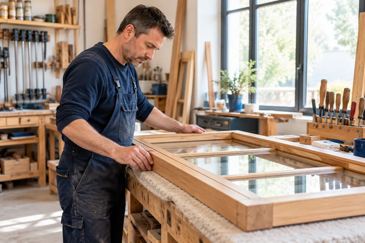 Artisan vérifiant un cadre de fenêtre en bois sur l’établi de son atelier