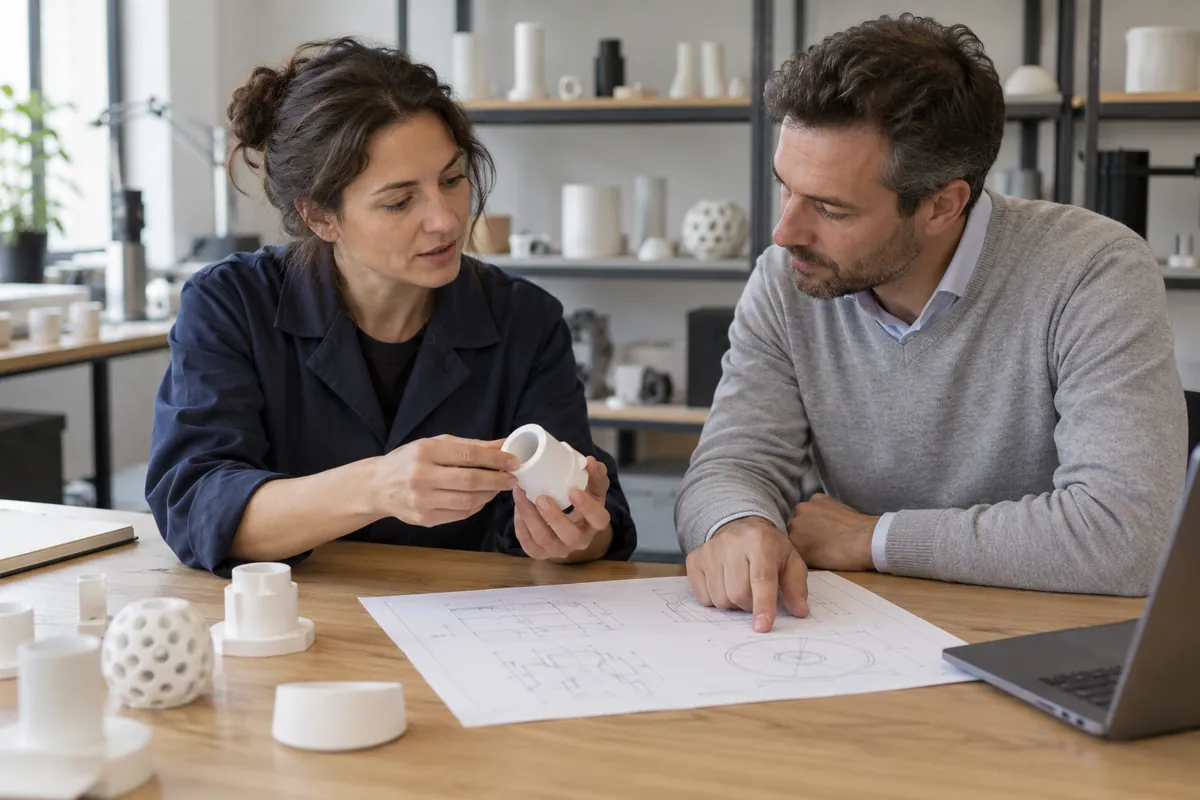Deux professionnels étudiant un petit composant technique et un dessin sur une table de travail