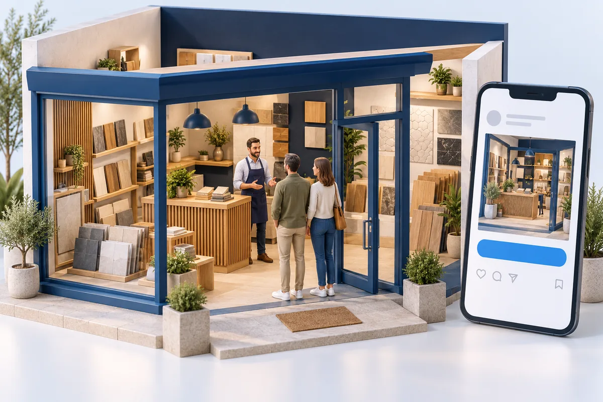 Illustration d’un couple accueilli dans un showroom et d’une publication publicitaire affichée sur smartphone.